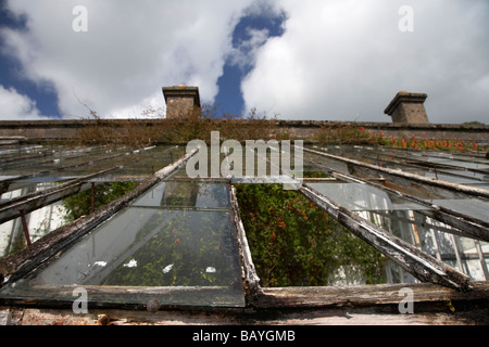 Des panneaux de verre restant en situation dangereuse sur le toit de l'ancienne ruine abandonnée serre victorienne Banque D'Images