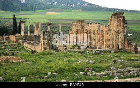 Temps de printemps à Volubilis, l'UNESCO a inscrit les ruines romaines sur un long,haut plateau juste au nord de Meknès au Maroc, l'Afrique du Nord Banque D'Images