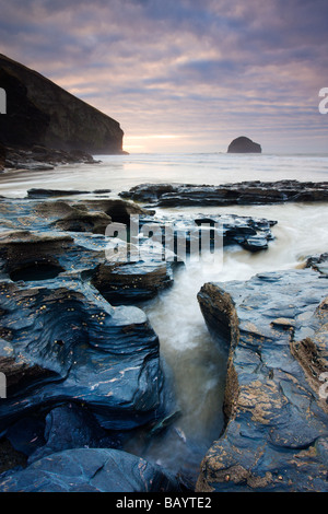 Ardoise érodée rochers sur la plage de Trebarwith Strand à Gull Rock vers Cornwall Angleterre Février 2009 Banque D'Images