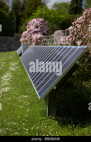 Soleil qui brille sur un des tableaux de silicium polycristallin teinté bleu panneaux solaires photovoltaïques dans le comté de Tyrone en Irlande du Nord Banque D'Images