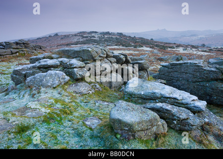 Les roches de granit couvert de givre sur la lande à Hayne vers le bas dans le parc national du Dartmoor Devon, Angleterre Janvier 2009 Banque D'Images