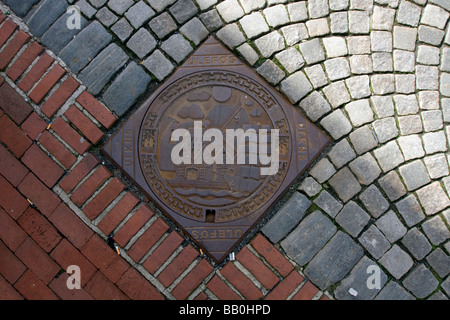 Grille de Drainage décorées dans le pavé de la Bryggen à Bergen, Norvège Banque D'Images