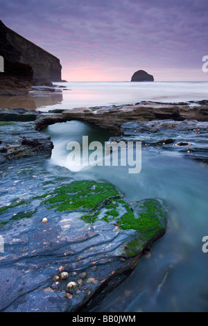 Les roches érodées à l'ardoise Trebarwith Strand en Cornouailles du Nord Angleterre Février 2009 Banque D'Images