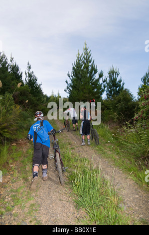 Groupe d'hommes d'âges différents sur les vélos de montagne Banque D'Images