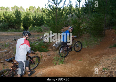 Groupe d'hommes d'âges différents sur les vélos de montagne Banque D'Images