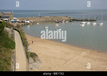 Ville de New Quay, au Pays de Galles. Portrait de New Quay plage, avec les loisirs et les bateaux de pêche amarrés dans le port de New Quay. Banque D'Images