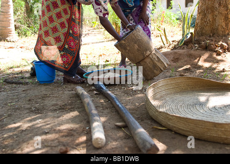 Le broyage du maïs, Takaungu femmes, au Kenya. Banque D'Images