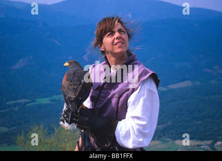 Falconer avec Harris Hawk à la forteresse cathare de Peyrepertuse Languedoc France Banque D'Images
