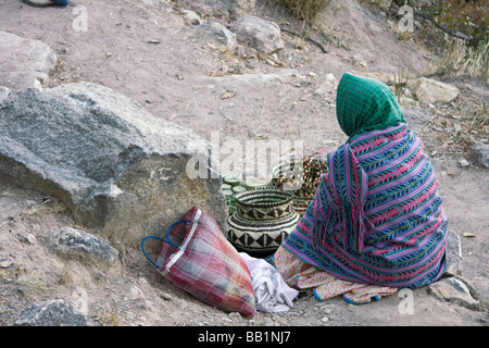 Femme indienne Tarahumara vend des paniers dans le Canyon de cuivre, au Mexique. Banque D'Images