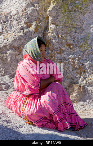 Femme indigène Tarahumara vend des paniers et de l'artisanat dans la vallée des champignons à l'extérieur de la ville de Creel, Mexique Banque D'Images