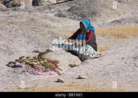 Femme indigène Tarahumara vend des paniers et de l'artisanat dans la vallée des champignons à l'extérieur de la ville de Creel, Mexique Banque D'Images