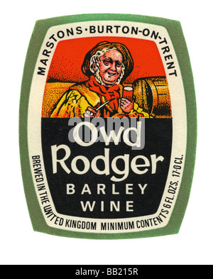 Ancienne étiquette bière britannique de Marston's Owd Rodger Barley Wine, Burton upon Trent, Staffordshire Banque D'Images
