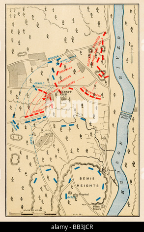 Carte de la deuxième bataille à Freeman's Farm une partie de la bataille de Saratoga le 7 octobre 1777. Lithographie couleur Banque D'Images