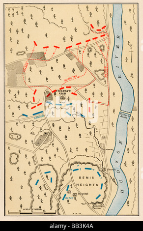 Carte de la première bataille à Freeman's Farm une partie de la bataille de Saratoga le 19 septembre 1777. Lithographie couleur Banque D'Images