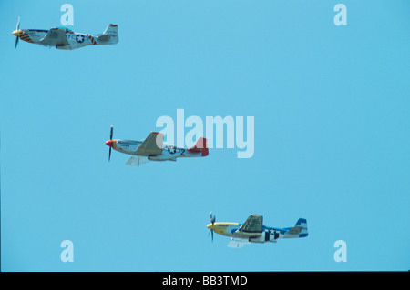 North American P-51D Mustang, Formation, Donna-Mite Redtail Tuskegee et éblouissante Donna, volant au-dessus des champs à Saint Paul Fleming Banque D'Images