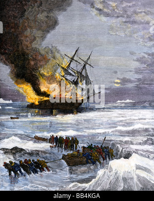 Incendie de navire de la Marine US Rodgers dans les eaux de l'Arctique pour la chasse de longue expédition après disparition de la Jeannette 1882. À la main, gravure sur bois Banque D'Images