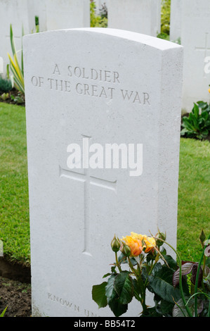 Pierre tombale du Soldat inconnu au cimetière de guerre de Tyne Cot accompagnée d'une rose jaune Banque D'Images