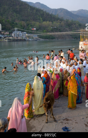 Cérémonie de puja. Shivanand Jhula. Gange. Rishikesh. Uttarakhand. L'Inde Banque D'Images