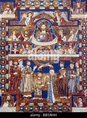 Henry XII 'le Lion', 1129 - 6.8.1195, duc de Bavière 1156 - 1180 et Saxe 1142 - 1180, demi-longueur, avec sa femme Mathilde d'Angleterre, couronnement par Jésus Christus, evangeliar, Gmunden, Welf Library, Banque D'Images