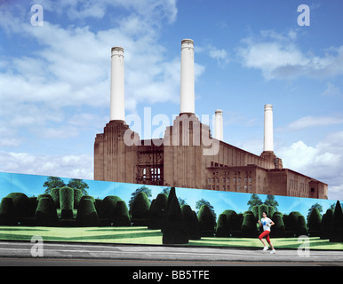 Jeune femme jogging en face de Battersea Power Station à Londres, Angleterre Banque D'Images