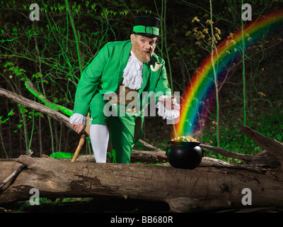 Leprechaun avec un pot d'or Banque D'Images