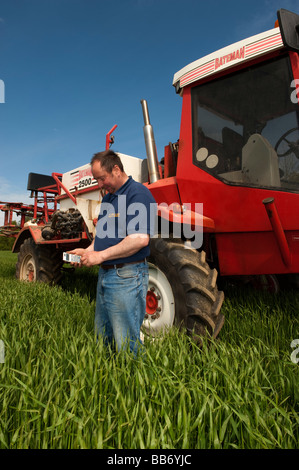 Farmer standing in front of a Bateman du pulvérisateur à l'aide d'un spryaing calculater de travailler hors tarifs Banque D'Images