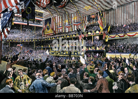 Mise en candidature Convention républicain Benjamin Harrison dans l'Auditorium, Chicago 1888. À la main, gravure sur bois Banque D'Images