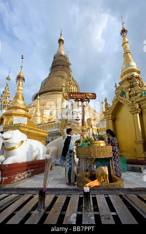 Les gens en faisant des offrandes à Bouddha. Post Mercury Planetary (mercredi matin). Paya Shwedagon. Yangon. Myanmar Banque D'Images