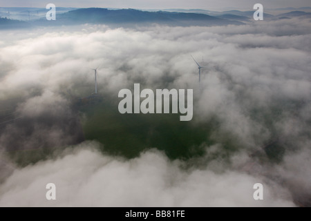 Photo aérienne, les éoliennes dans le brouillard du matin en automne sur le sud de Meschede, Rhénanie-Palatinat, Hesse, Allemagne, Union européenne Banque D'Images