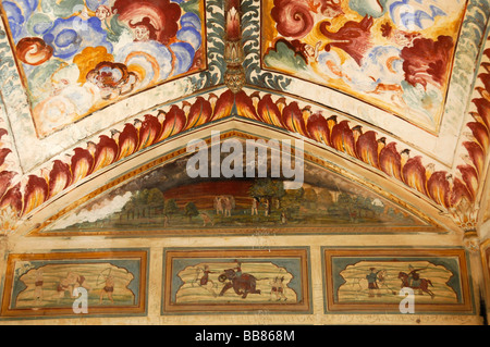 Plafond peint, détail, temple hindou au Galta gorge, Jaipur, Rajasthan, Inde du Nord, l'Asie Banque D'Images