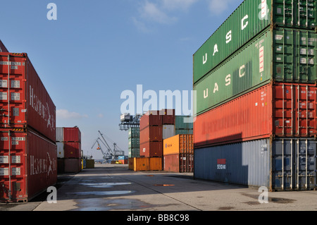 Terminal à conteneurs du port de Bonn, container depot, au loin la grue tournante pour la manipulation des marchandises en vrac, l'Rhine-West Banque D'Images