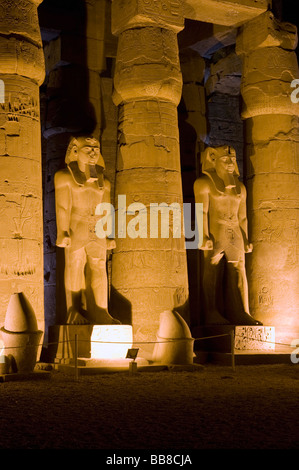 Deux statues de Ramsès II lumineux, première cour intérieure, temple de Louxor de nuit, Luxor, Egypte, Afrique du Sud Banque D'Images