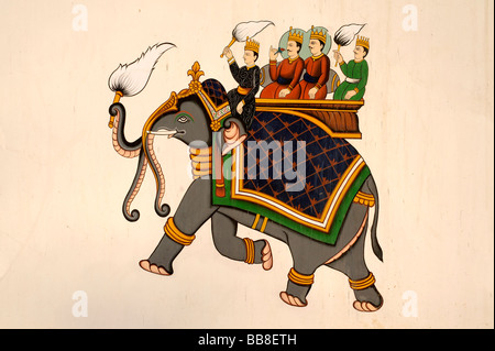 Fresque avec coureurs sur décoré éléphant, Rajasthan, Inde du Nord, en Asie du Sud Banque D'Images