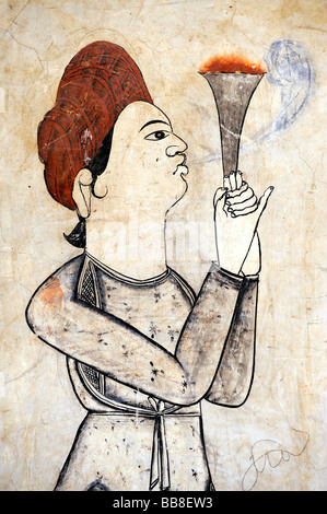 Peinture murale d'un Indien Sadhu, saint homme, avec chillum, d'une pipe pour fumer du hasch, Rajasthan, Inde du Nord, en Asie du Sud Banque D'Images