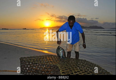 Transport du poisson pêcheur devant un coucher de soleil, d'Anse sévère, La Digue, Seychelles Banque D'Images