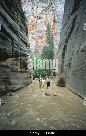 Les randonneurs de l'emplacement de Virgin River Narrows Canyon Zion National Park Utah USA Banque D'Images