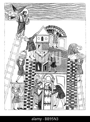 Construction de la Tour de Babel illustration d'un manuscrit anglo-saxon du XIe siècle Banque D'Images