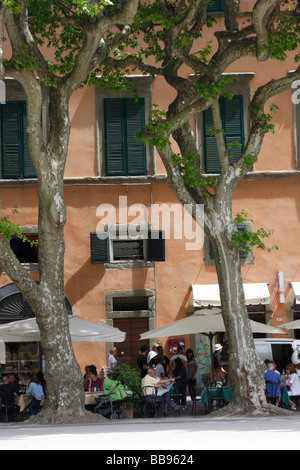 Restaurant populaire et de pique-nique piazza dans la ville de Lucca une ville étrusque à l'origine établi par les Romains en 180 av. Banque D'Images
