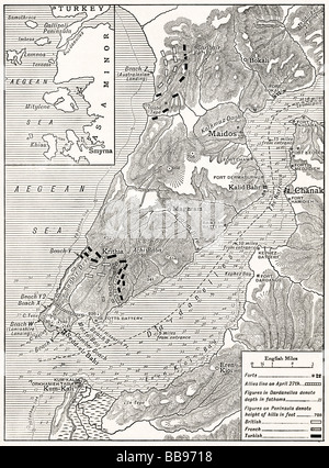 La campagne de Gallipoli Carte illustrant la paix des alliés sous le commandement de Sir Ian Hamilton à partir de l'atterrissage le 25 avril au 30 mai 1915 Banque D'Images