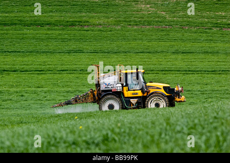 Un tracteur JCB Fastrac Knight et Weedkller la pulvérisation Pulvérisateur sur l'orge de printemps Banque D'Images