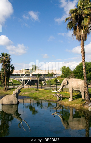 Modèles de mammouths au puits de goudron de La Brea dans Hancock Park Los Angeles California USA Banque D'Images