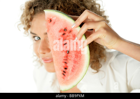 Jeune femme avec watermelon Banque D'Images