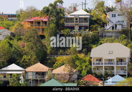 Maisons queenslander colorés avec du métal ('tin') sur une colline escarpée de toits à Paddington, Brisbane, Australie Banque D'Images