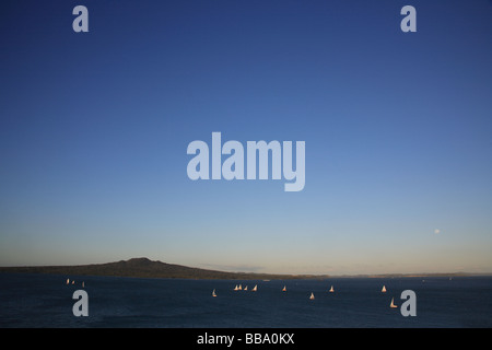 Yachts à voile dans le golfe d'Hauraki avec derrière l'Île Rangitoto, Auckland, Nouvelle-Zélande Banque D'Images