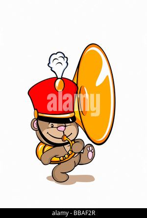 Un ours portant un chapeau et fanfare jouant un tuba Banque D'Images