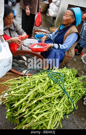 Scène de marché avec femme Naxi à Lijiang dans le Yunnan, Chine du marché Banque D'Images