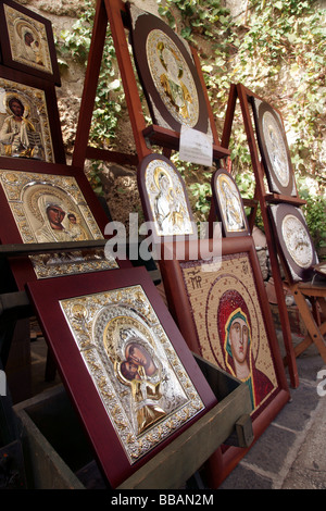 Icônes orthodoxes grecs la mise en vieille ville de Rhodes, Grèce (c) Marc Jackson Photography Banque D'Images