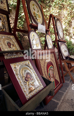 Icônes orthodoxes grecs la mise en vieille ville de Rhodes, Grèce (c) Marc Jackson Photography Banque D'Images