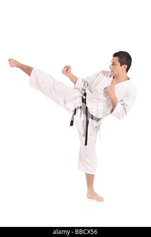 Karate man exercising against white background Banque D'Images