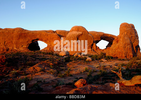 Fenêtres nord et sud au coucher du soleil Arches National Park Moab Utah USA Banque D'Images